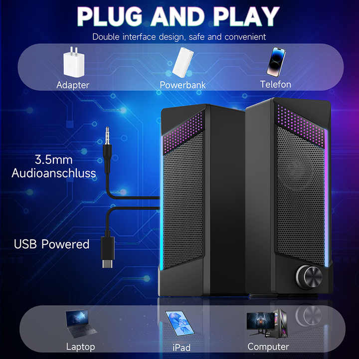 便携式RGB计算机音量控制游戏立体声扬声器，具有丰富的低音USB供电桌面游戏扬声器