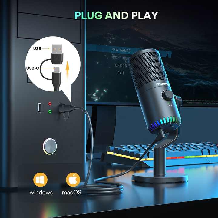 Maono DM30 Programmable RGB Gaming Microphone 3-in-1 Mic Knob Podcast Mic Desktop USB Type C Condenser Gaming Microphones